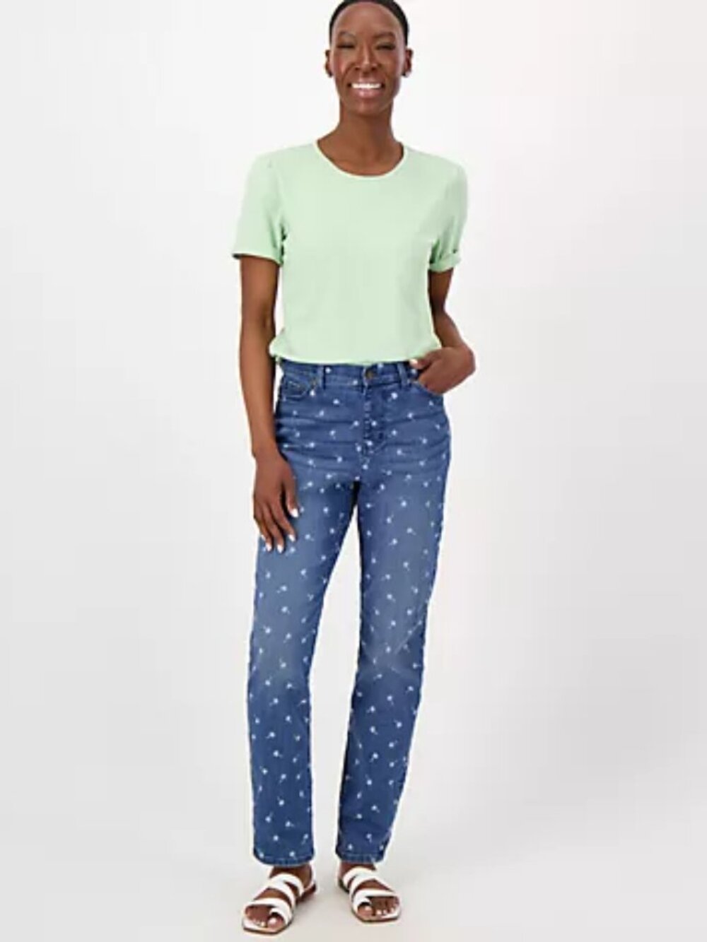 Denim & Co. Easy Stretch Denim Easy Fit Printed Motif Jean Light Wash Plus 28